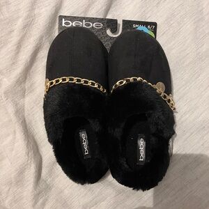 Bebe Black Slippers with Gold Chain Detail